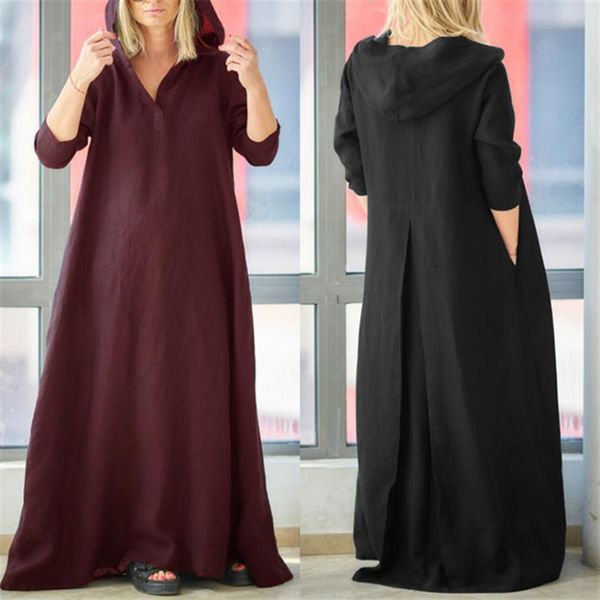 

casual dresses 2021 women sundress plus size maxi dress vintage cotton linen female vestidos long sleeve robe 5xl, Black;gray