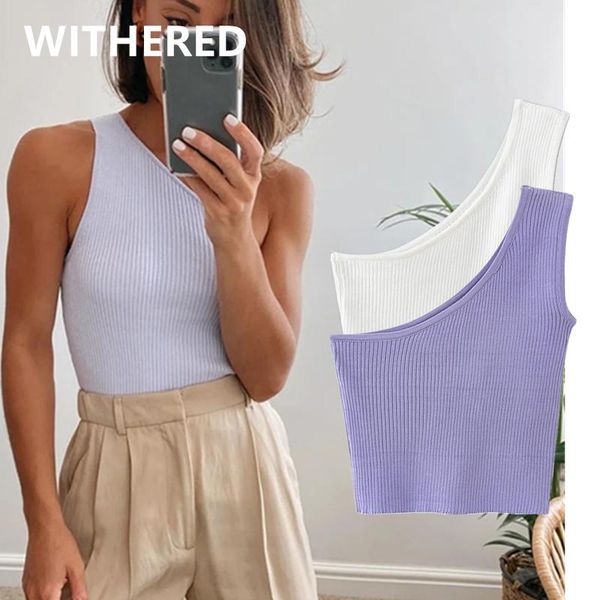 

women's tanks & camis withered harajuku tshirt summer t shirt women ins fashion blogger knitted single shoulder camisetas verano mujer, White