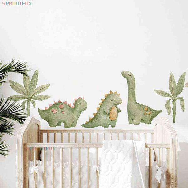 Dinossauro dos desenhos animados Adesivo de Parede Home Decor para Bebê Meninos Quarto Sala de Estar Grande Animal Impressão Decalque Arte Mural Adesivos 211112