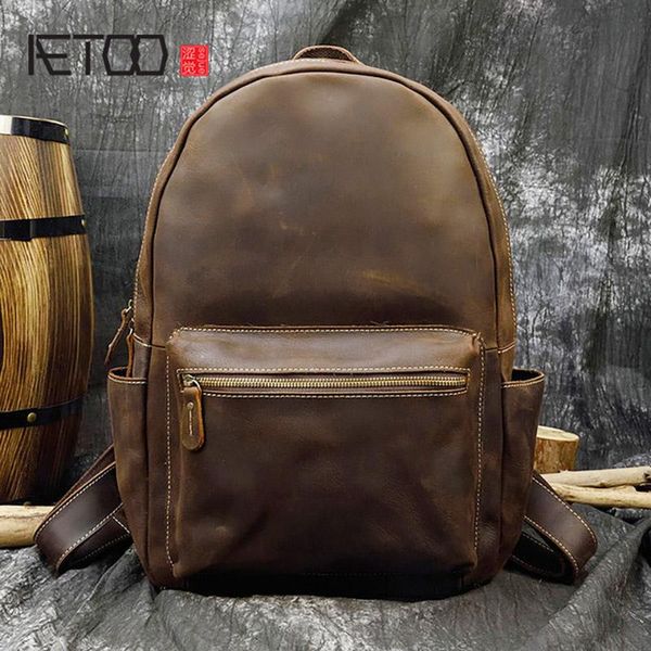 

backpack aetoo crazy horse leather men's backpack, large-capacity retro travel bag