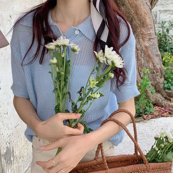 

korean ulzzang harajuku sweet polo shirt lapel chic solid pullovers short sleeve t-shirt women summer loose knit simple tee 210527, White