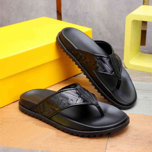 

21 summer embossed cowhide men's flip flops outdoor thick soled large size beach shoes lv11 guangzhou, Black