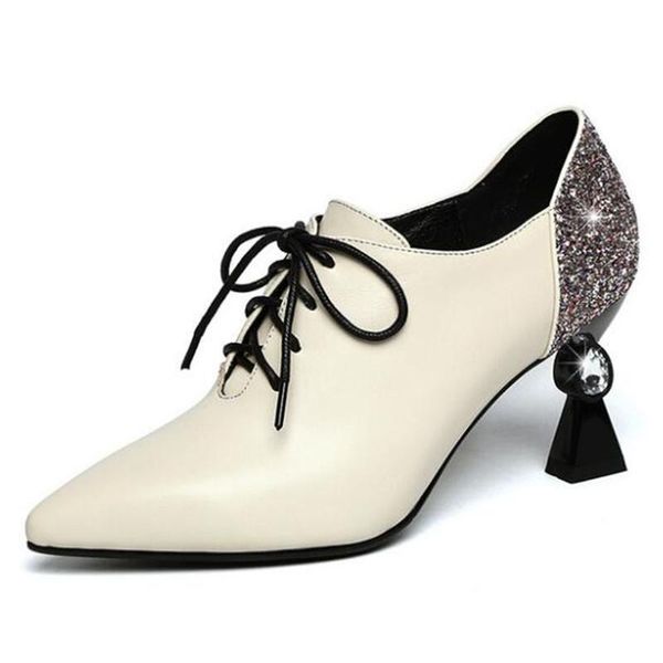 

dress shoes rhinestone sequins pointed women high heels deep mouth lace-up pumps spell colors genuine leather, Black