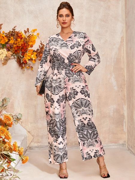 

plus floral print overlap collar culotte jumpsuit z6n2#, Black