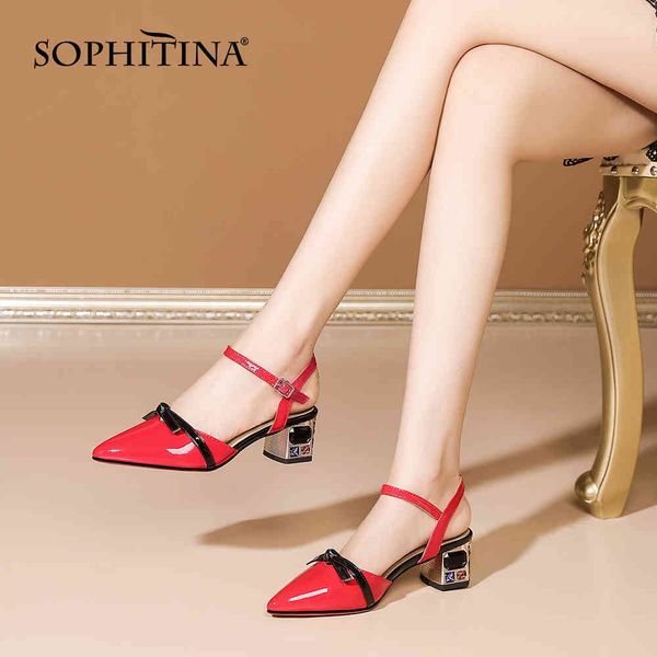 

sophitina summer women sandals luxury high-heeled fashion shoes buckle mid-heel sweet bow leather shoes female ao781 210513, Black