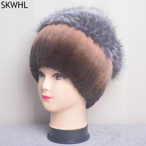 Cappelli da donna in vera pelliccia di coniglio Rex, berretti invernali da coniglio, top a righe, berretti in maglia calda con fiore in vera volpe