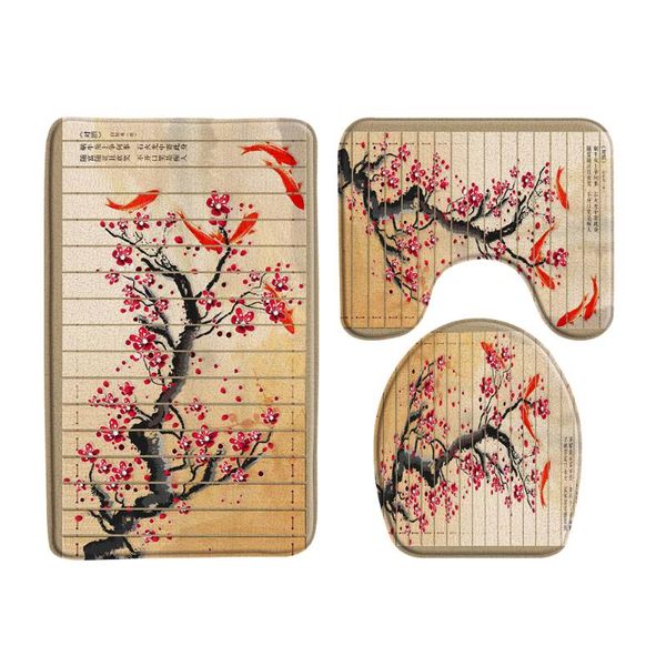 

bath mats 3pcs set chinese style red plum fish bamboo printing mat bedroom kitchen non-slip carpet toilet cover rug shower room decor