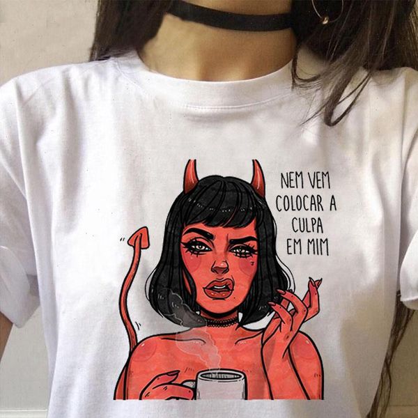 

vintage women t shirts summer harajuku devil letter print fun loose short sleeve tees casual ulzzang female punk tee, White