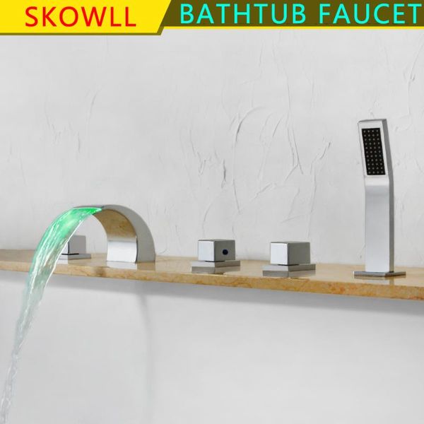 

deck mounted 5 pcs bathtub faucet led waterfall spout mixer taps chrome bathroom shower sets
