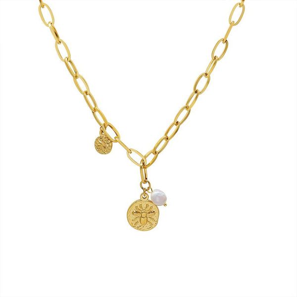 

fashion vintage spider pendant with white pearl wholesale gold color stainless steel chain necklaces for women 2021 jewelry, Silver