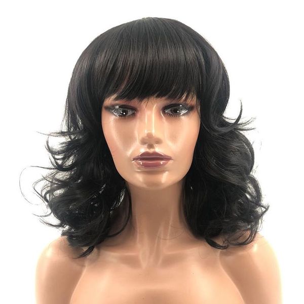 

synthetic wigs long black wavy wig with bangs cosplay women heat resistant middle part for african american