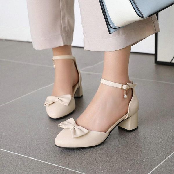 

sianie tianie 2021 ladies middle heels summer shoes for woman round toe women pumps sandals with bowtie knot size 43, Black