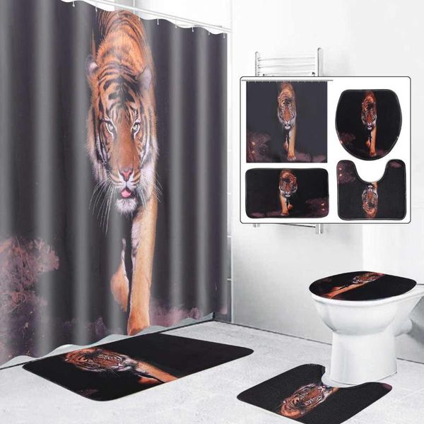 

shower curtains 4pcs/set waterproof tiger bathroom carpet bath curtain absorbent non-slip floor mat home lving