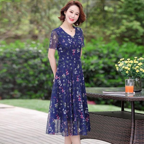 

fashion floral print mesh womens dress high waist a line summer short sleeve v neck bohemian female midi dresses, Black;gray