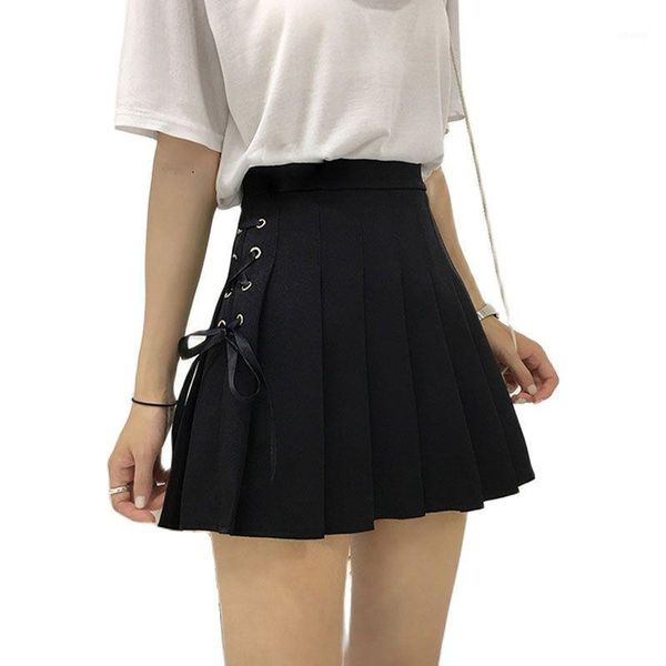 

skirts preppy style korean cross bandage women pleated skirt girl student solid summer high waist slim casual mini dance jk1037, Black