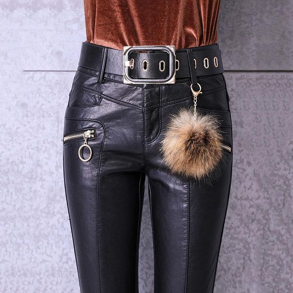 

women's pants & capris full length soft pu leather pant autumn winter korean style plus velvet retro thin office lady pencil with belt, Black;white