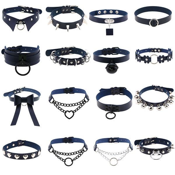 

goth pu leather chokers necklaces for women punk spike rivet geometric round heart necklace collares hiphop neck jewelry, Silver