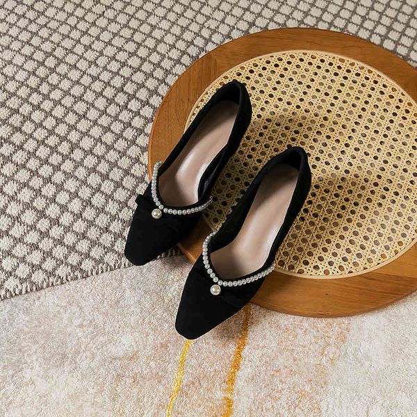 

new small square head pearl bow matte leather black dress thick low french high heels