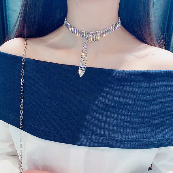 

fashion full diamond neck chain wide version bracelet dual purpose clavicle chain ins net red same nightclub style necklace, Black