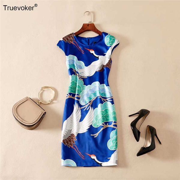 

truevoker designer runway dresse's sleeveless blue crane printed vestidos plus size party dress 210602, Black;gray