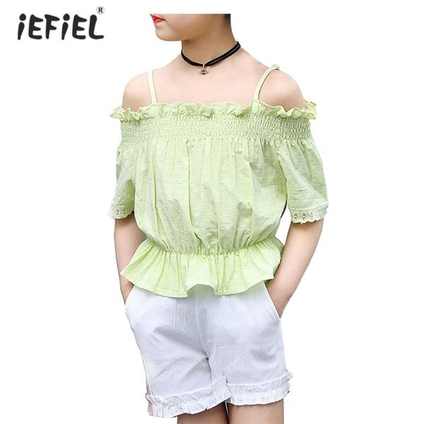 

clothing sets summer kids clothes girls casual outfits off shoulder short sleeves sling shirts + shorts 2pcs suit children, White