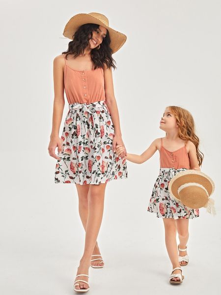 

toddler girls 1pc floral print ruffle hem belted cami dress she, Red;yellow