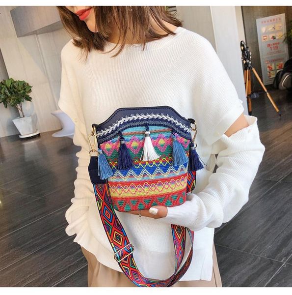 

evening bags female bag custom ethnic style fashion woven shoulder color strip bucket messenger niche