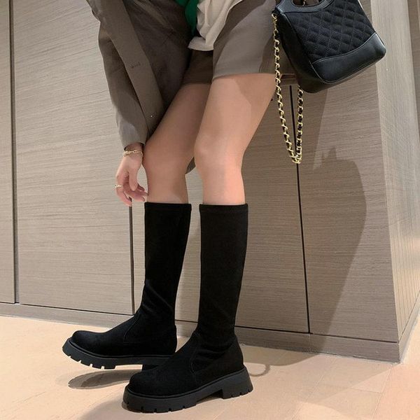 

boots zawsthia round toe thick rubber sole platform ladies winter fall shoes plain black gothic women knee high stretch