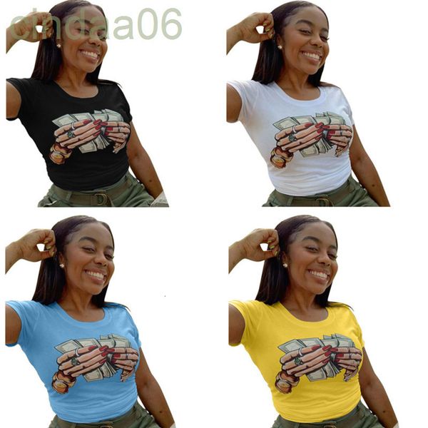 

fashion women t shirts high waist short sleeve clothes printed hands count dollar round neck shirt womens clothing 2021, White