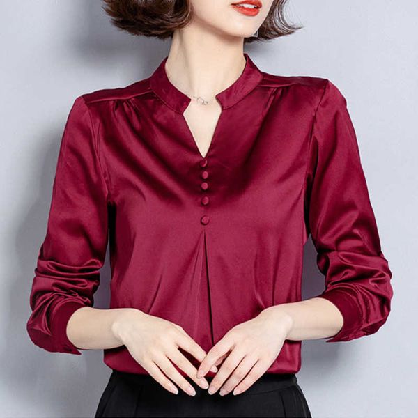 Moda Outono Mulheres Silk Shirts Elegante cetim blusa mulher v pescoço ol plus size s tops e s 210531