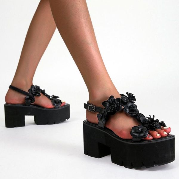 

sandals ribetrini 2021 brand open toe platform chunky heel floral back strappy women's casual leisure trendy comfy shoes women, Black