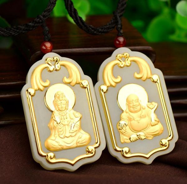 

lockets gold inlaid jade emerald pendant guanyin buddha couple h9#, Silver