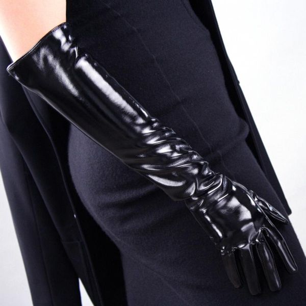 

five fingers gloves fashion ms. synthetic pu long 50cm elbow black classic retro seiko french elegant lined tb12, Blue;gray