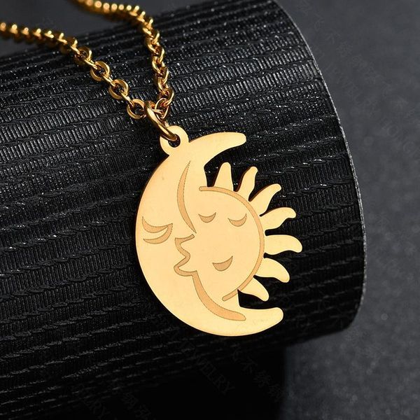 

chains 2021 trend stainless steel moon sun face pendant golden minimalist necklace for women chain jewelry halloween gift bijoux, Silver
