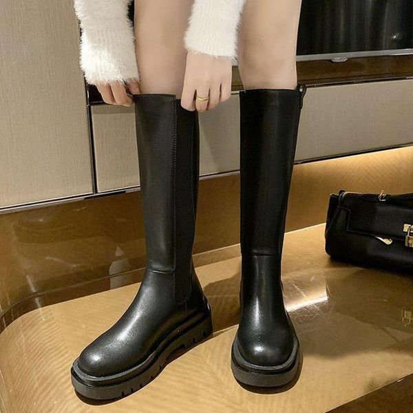 

boots women knee high chunky heels shoes woman punk riding mid-calf winter black women's