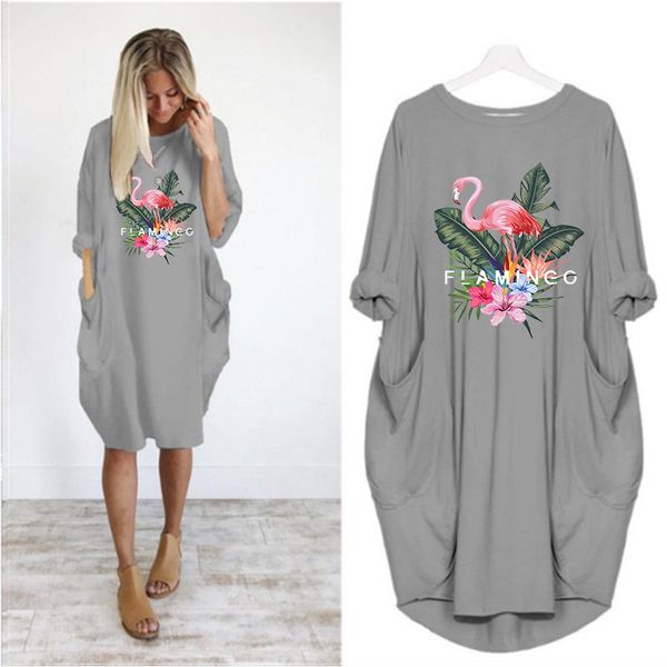 

casual dresses knee-length dress long sleeve o-neck cute cartoon print side pockets loose spring and autumn fashion women robes, Black;gray