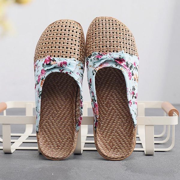 

women's shoes ladies fashion casual butterfly knot slip on slides indoor home slippers floral straw flax flip flops, Black