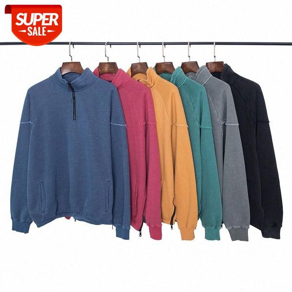 

oversize style loose stand collar half zipper solid color plus velvet couple sweater retro hem slit coat #r29v, Black