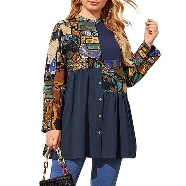 

plus size spring autumn womens shirts long sleeve retro printing patchwork casual blouse ladies, White