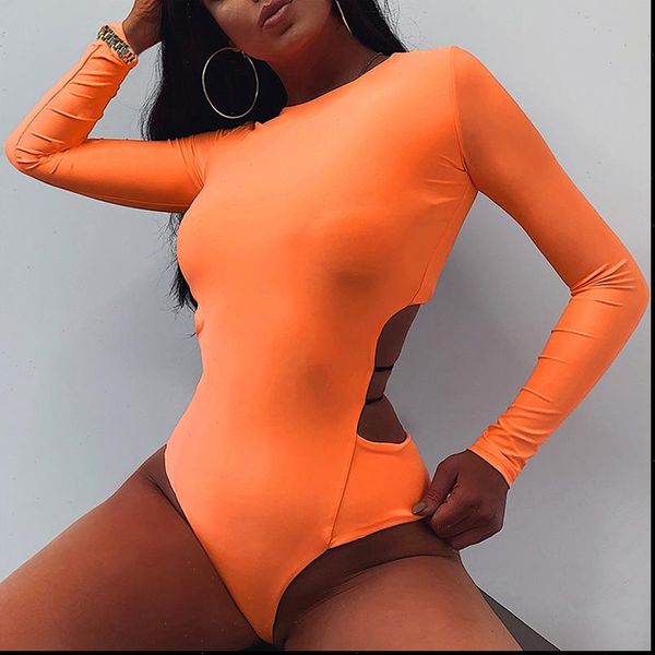 

gaoke bodycon neon womens romper orange bodysuits autumn long sleeve solid winter basic body suit female o neck black, Black;white