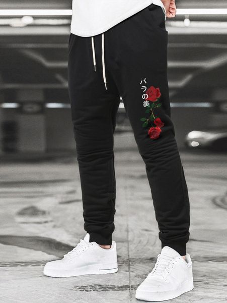 

men japanese letter and rose print drawstring waist sweatpants u7ri#, Black