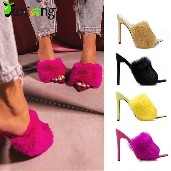 

shoes women slippers heels fur slides high ladies outdoor fashion stripper 2021 spring summer, Black