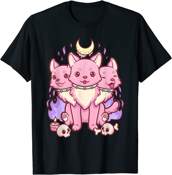 

men's t-shirts kawaii pastel goth cute creepy 3 headed dog t-shirt, White;black
