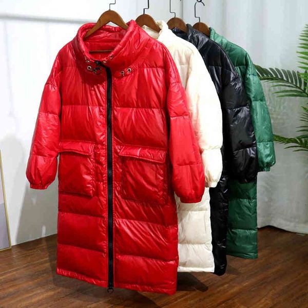 

down 90% white duck jacket thick long winter down coat korean women stand collar loose pocket warm parka snow outwear, Black