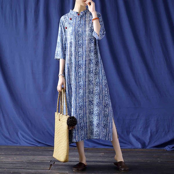 

johnature chinese style dresses for women stand half sleeve autumn print floral female cheongsam a-line button dresses 210521, Black;gray