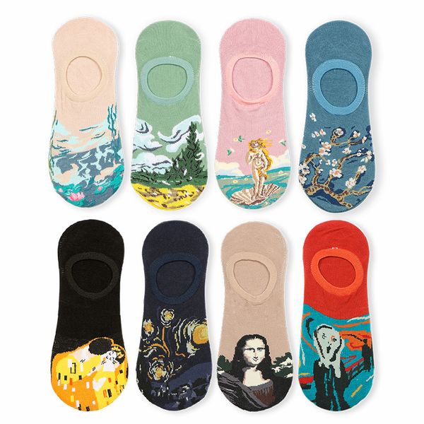 

women's sorks hosiery fashion brand sos cotton oil painting boat van gogh, Black;white