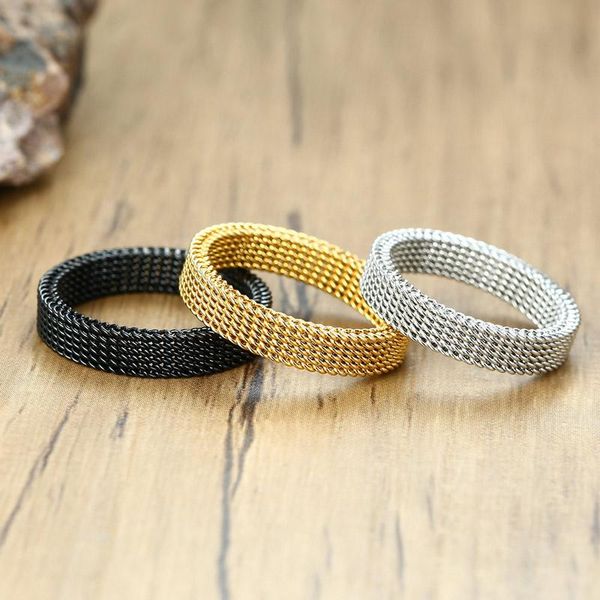 

cluster rings zorcvens fashion 4mm/10mm black gold silver color stainless steel mesh wedding brand ring for men woman wholesale, Golden;silver