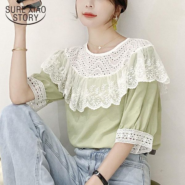 

women's blouses & shirts 2021 summer light green puff sleeve casual woman's sweet hollow out ruffled lace crochet chiffon blouse w, White
