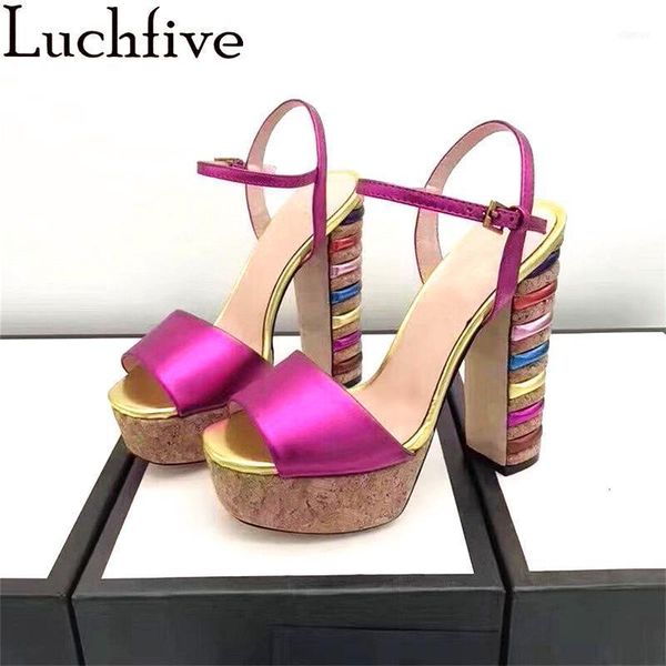 

sandals colorful chunky high heel platform women genuine leather strap summer party dress shoes woman11, Black