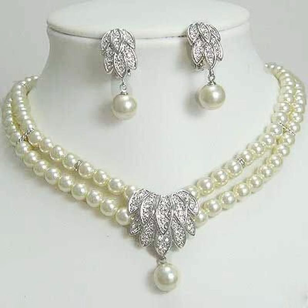 

earrings & necklace white round freshwater pearl set layered choker pendant crystal collar statement jewelry women wedding bib, Silver